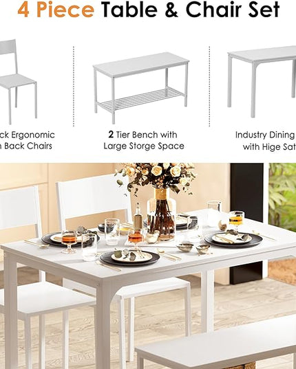 sogesfurniture Modern 4-Piece Kitchen Dining Table Set with 1 Bench and 2 Chairs, Kitchen Bench Table Set for 4, Wooden Kitchen Table and Chairs for Limited Space,White - LeafyLoom