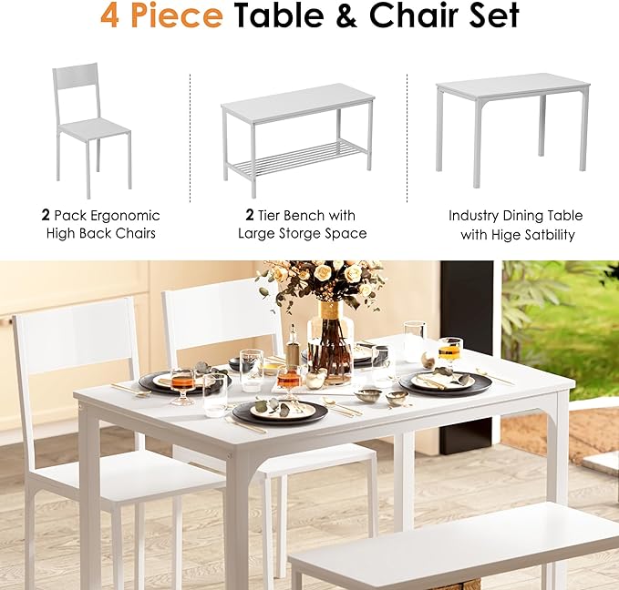 sogesfurniture Modern 4-Piece Kitchen Dining Table Set with 1 Bench and 2 Chairs, Kitchen Bench Table Set for 4, Wooden Kitchen Table and Chairs for Limited Space,White - LeafyLoom