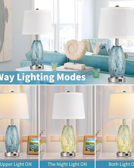 Table Lamps Set of 2, 3-Way Lighting Modes Modern Table Lamps for Bedroom, Coastal Bedside Lamps with USB Port & Type C, Glass Nightstand Lamps, 24" Table Lamps for Living Room Bedroom Decoration - LeafyLoom