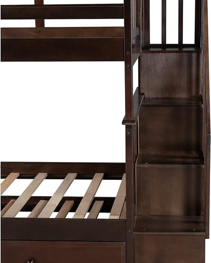 Bunk Bed with Stairs Storage, Twin Over Twin Size, Wooden Stairway Bunkbeds w/Trundle, for Kids Teens Bedroom, Detachable into Two Bedframe, Espresso - LeafyLoom