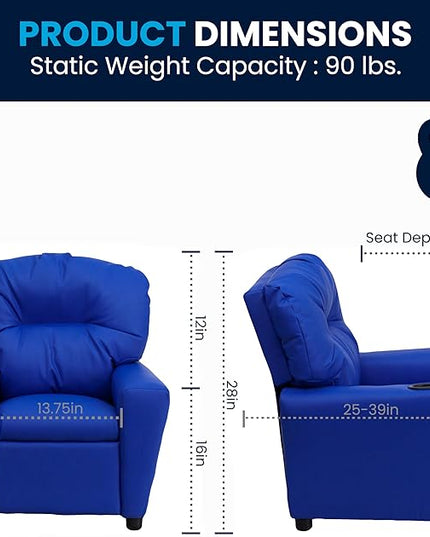 Flash Furniture Chandler Vinyl Kids Recliner with Cup Holder and Safety Recline, Contemporary Reclining Chair for Kids, Supports up to 90 lbs., Blue - LeafyLoom