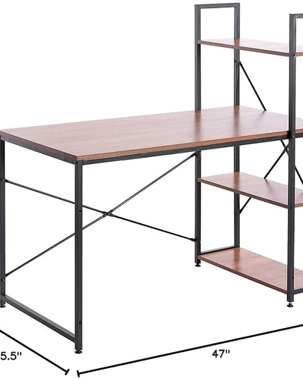 Wood and Metal Industrial Home Office Computer Desk with Bookshelves, Cherry - LeafyLoom