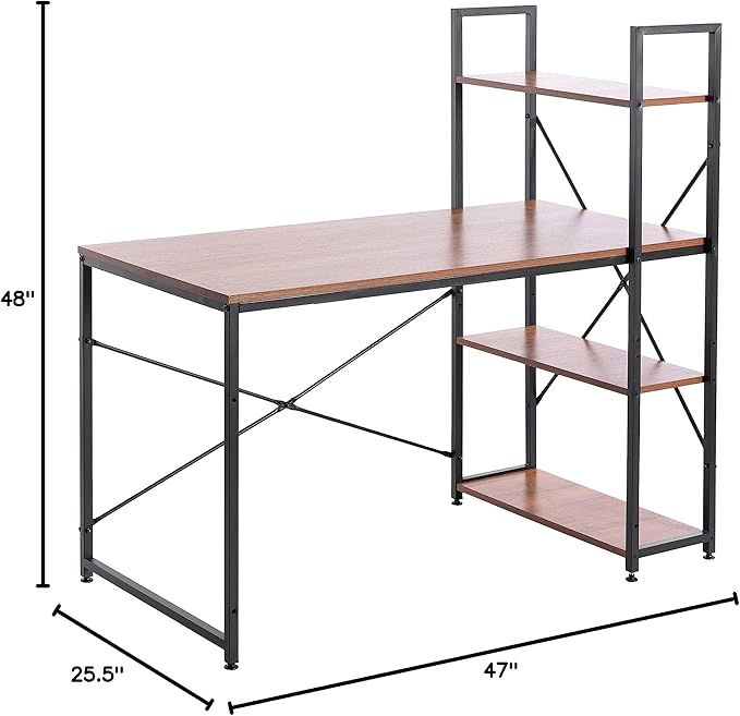 Wood and Metal Industrial Home Office Computer Desk with Bookshelves, Cherry - LeafyLoom
