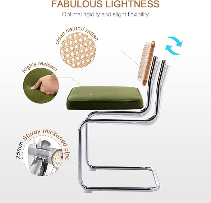 Zesthouse Mid Century Modern Dining Chairs Set of 2, Velvet Accent Chairs with Natural Cane Back & Stainless Chrome Base, Famous Breuer Designed Chairs, Upholstered Rattan Kitchen Chairs,Green - LeafyLoom