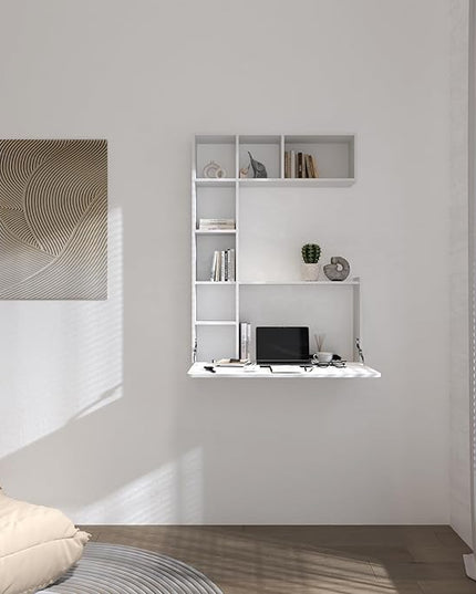DMAITH Wall Mounted Desk, White Folding Desk for Small Spaces, Hidden Pull Down Floating Writing Desk with Storage Shelf for Home Office - LeafyLoom