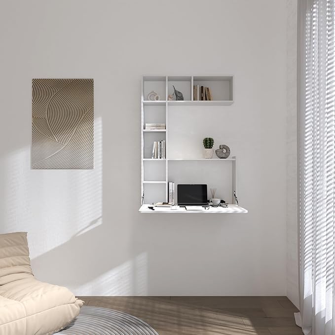 DMAITH Wall Mounted Desk, White Folding Desk for Small Spaces, Hidden Pull Down Floating Writing Desk with Storage Shelf for Home Office - LeafyLoom