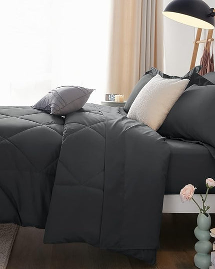 CozyLux Twin Bed in a Bag Comforter Set with Sheets 5-Pieces for Girls and Boys Dark Grey All Season Bedding Sets with Comforter, Pillow Sham, Flat Sheet, Fitted Sheet and Pillowcase - LeafyLoom