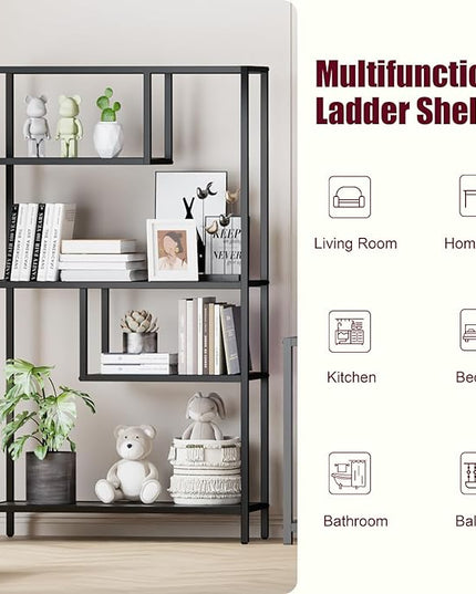 HOME BI Geometric Bookshelf, Tall Modern Etagere Bookcase, Industrial Metal Book Shelf with 5 Open Display Shelves for Office Living Room, Black - LeafyLoom