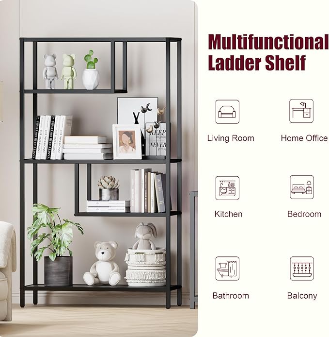 HOME BI Geometric Bookshelf, Tall Modern Etagere Bookcase, Industrial Metal Book Shelf with 5 Open Display Shelves for Office Living Room, Black - LeafyLoom