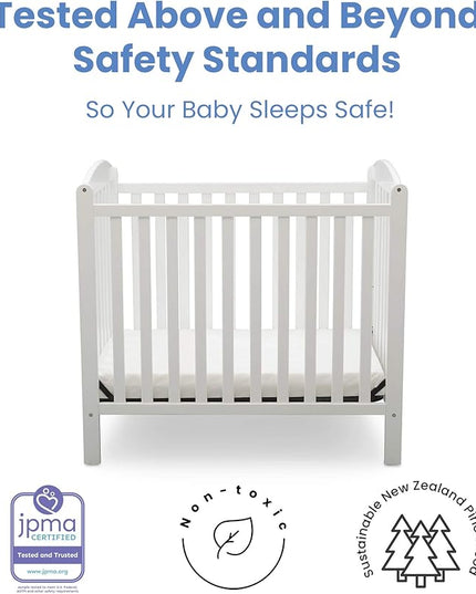 Delta Children Emery Mini Convertible Baby Crib with 2.75-inch Mattress, Bianca White & Serta SleepTrue Mini Crib Mattress, Premium Sustainably Sourced Fiber Core - LeafyLoom
