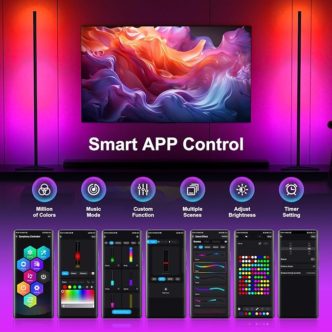 MIHEAL RGB Corner Floor Lamp, 56" Color Changing LED Corner Lamp with APP Control, Modern Standing Lamp with Music Sync and 16 Million DIY Colors, Heavy Base for Bedroom Living Room Gaming Room - LeafyLoom