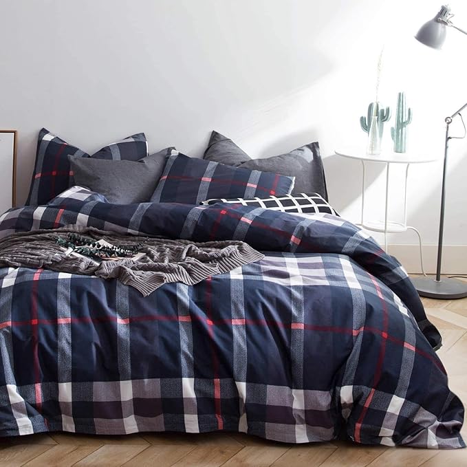 Navy Plaid Comforter Set Cal King Multicolor Checkered Bedding Set Navy Blue Tartan Grid Comforter Striped Women Navy Blue Blanket Cal King Breathable Navy Blue Checkered Bed Comforter Set - LeafyLoom