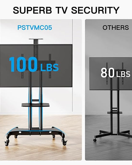 PERLESMITH Rolling/Mobile TV Cart with Wheels for 32-82 Inch LCD LED 4K Flat Screen TVs - TV Floor Stand with Shelf Holds Up to 100 lbs, Height Adjustable Trolley Max VESA 600x400mm- PSTVMC05 - LeafyLoom