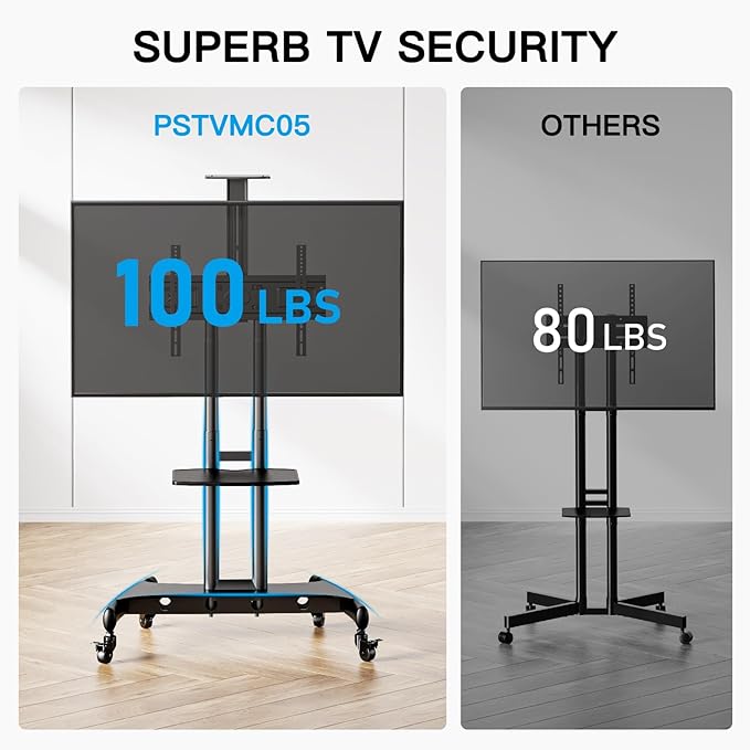 PERLESMITH Rolling/Mobile TV Cart with Wheels for 32-82 Inch LCD LED 4K Flat Screen TVs - TV Floor Stand with Shelf Holds Up to 100 lbs, Height Adjustable Trolley Max VESA 600x400mm- PSTVMC05 - LeafyLoom