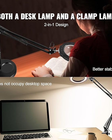 VEVOR 5X Magnifying Glass with Light and Stand, 【Upgraded】 5 Color Modes Stepless Dimmable, 4.3" Glass Lens Magnifier Desk lamp, 2-in-1 Magnifying Light and Stand for Crafts, Reading, Close Work - LeafyLoom