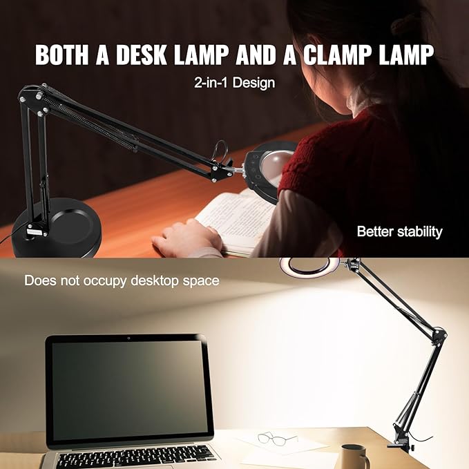VEVOR 5X Magnifying Glass with Light and Stand, 【Upgraded】 5 Color Modes Stepless Dimmable, 4.3" Glass Lens Magnifier Desk lamp, 2-in-1 Magnifying Light and Stand for Crafts, Reading, Close Work - LeafyLoom