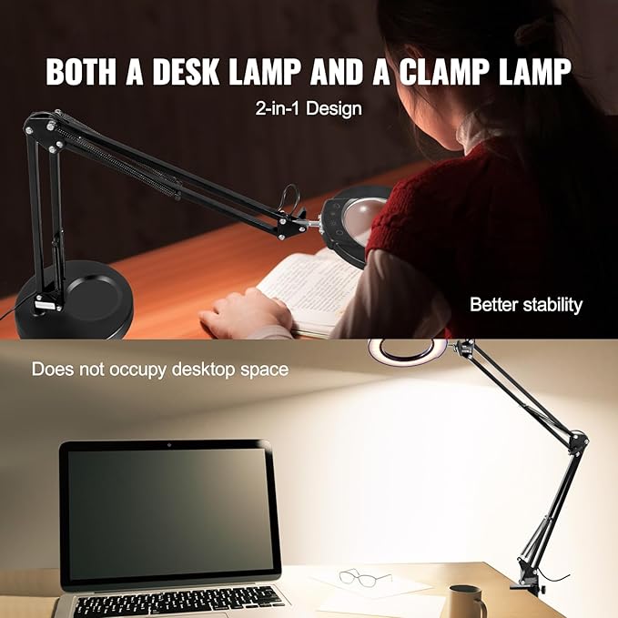 VEVOR Magnifying Glass with Light and Stand, 5X Magnifying Lamp, 4.3" Glass Lens, Base and Clamp 2-in-1 Desk Magnifier with Light, 64 LED Lights 5 Color Modes, for Close Work Reading Repair Crafts - LeafyLoom