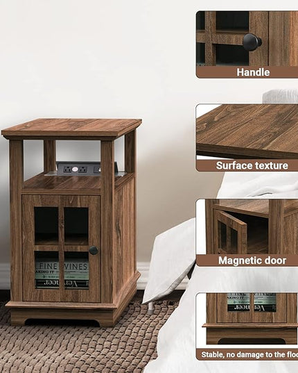 HIFYOBRO Narrow End Table with Flip Top Charging Station and Storage Cabinet, Type-C & USB port & Power outlets, Adjustable Shelf, Narrow Side Table with Storage for Living Room and Bedroom - LeafyLoom