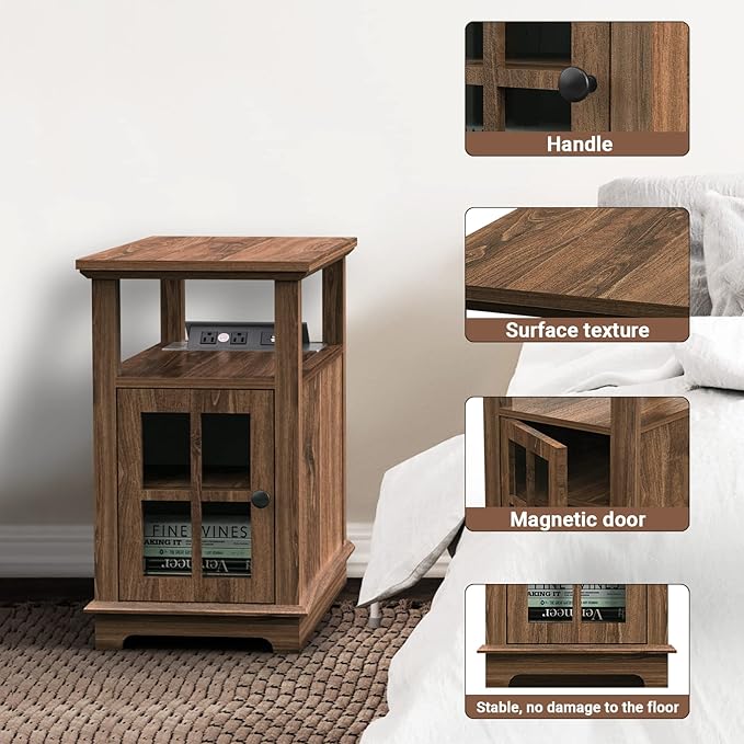 HIFYOBRO Narrow End Table with Flip Top Charging Station and Storage Cabinet, Type-C & USB port & Power outlets, Adjustable Shelf, Narrow Side Table with Storage for Living Room and Bedroom - LeafyLoom
