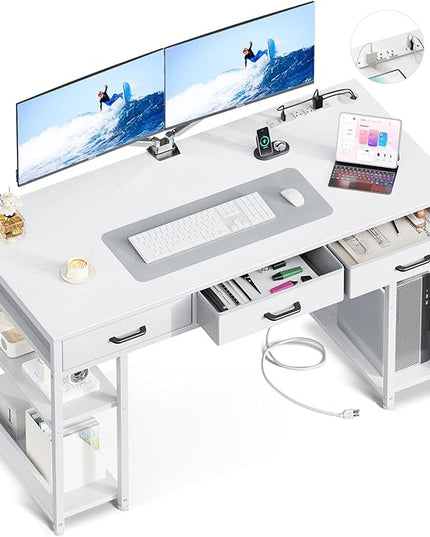 AODK 55 Inch Computer Desk with Fabric Drawers & Power Outlets, Office Desk with Storage Shelves & CPU Stand, Study Table, Writing Desk for Bedroom, White - LeafyLoom