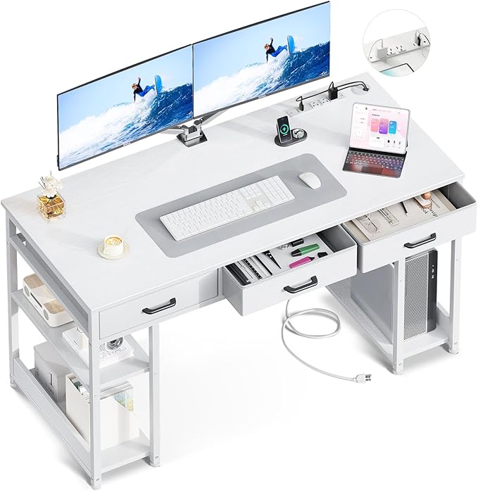 AODK 55 Inch Computer Desk with Fabric Drawers & Power Outlets, Office Desk with Storage Shelves & CPU Stand, Study Table, Writing Desk for Bedroom, White - LeafyLoom
