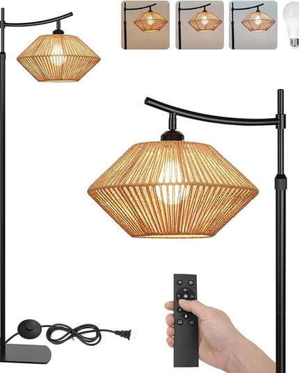 Arc Boho Farmhouse Black Floor Lamp, Standing Lamp with Rattan & Fabric Double Shade with Remote Control, Dimmable LED Bulb with 5 Color Temperature, Tall Pole for Living Room Bedroom Corner Office - LeafyLoom