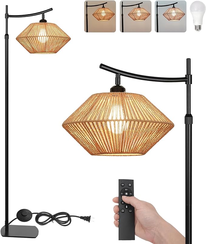 Arc Boho Farmhouse Black Floor Lamp, Standing Lamp with Rattan & Fabric Double Shade with Remote Control, Dimmable LED Bulb with 5 Color Temperature, Tall Pole for Living Room Bedroom Corner Office - LeafyLoom