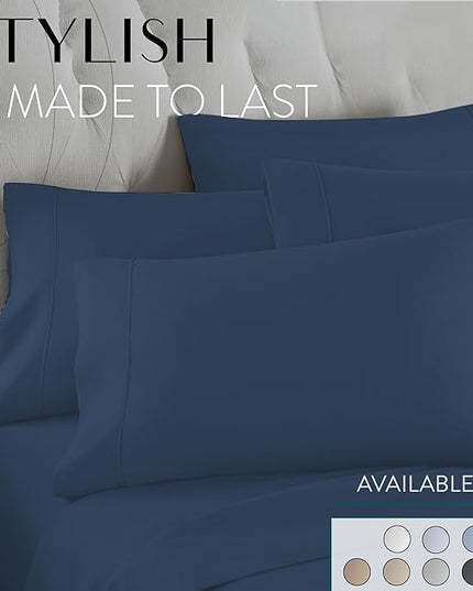 Danjor Linens King Size Sheets Set - 6 Piece Set Including 4 Pillowcases - Deep Pockets - Breathable, Soft Bed Sheets - Wrinkle Free - Machine Washable - Navy King Bed Sheets - 6 pc - LeafyLoom