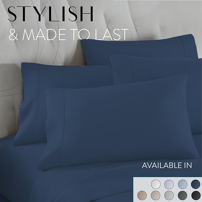 Danjor Linens King Size Sheets Set - 6 Piece Set Including 4 Pillowcases - Deep Pockets - Breathable, Soft Bed Sheets - Wrinkle Free - Machine Washable - Navy King Bed Sheets - 6 pc - LeafyLoom