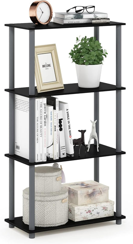 Furinno (99557BK/GY) Turn-N-Tube 4-Tier Multipurpose Shelf Display Rack - Black/Grey - LeafyLoom