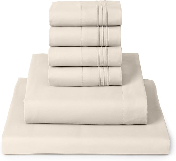 Mellanni California King Sheets Set - 6 PC Iconic Collection Bedding Sheets & Pillowcases - Soft, Cooling Bed Sheets - Deep Pocket up to 16 inch - 6 PC (Cal King, Golden Ivory w/Extra Pillow Cases) - LeafyLoom