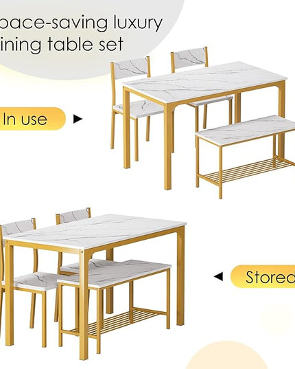 sogesfurniture 4 Piece Dining Table Set, Dining Table Set for 4, Kitchen Dinner Table with Benches for 4, includes Table, 2 Chairs & Bench, White Gold - LeafyLoom
