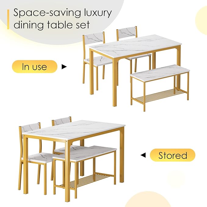 SogesPower Dining Table Set for 4, Kitchen Dining Table Set with 2 Chairs and 1 Bench, 4-Piece Kitchen Table Set for Dining Room Restaurant Small Space, Gold - LeafyLoom
