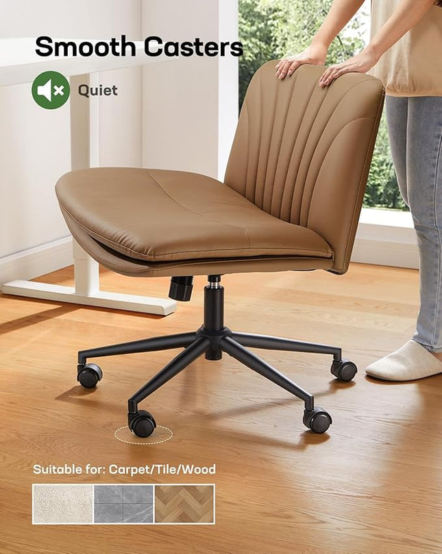 Marsail Armless-Office Desk Chair with Wheels: PU Leather Cross Legged Wide Chair,Comfortable Adjustable Swivel Computer Task Chairs for Home,Office,Make Up,Small Space,Bed Room, Brown - LeafyLoom