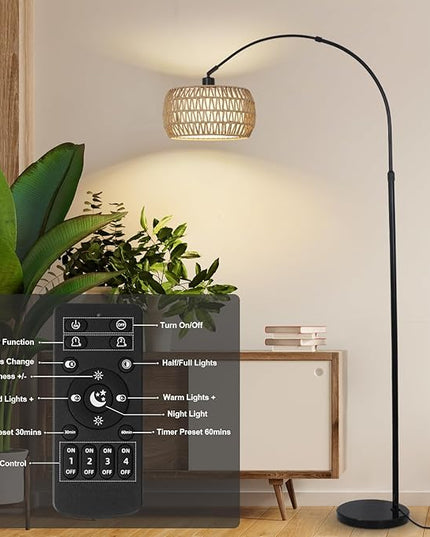 Arc Floor Lamps for Living Room with 3 Color Temperatures, Black Standing Lamp with Remote & Dimmable LED Bulb, Rattan Boho Floor Lamp, Farmhouse Tall Lamp for Bedroom, Over Couch Arched Reading Light - LeafyLoom