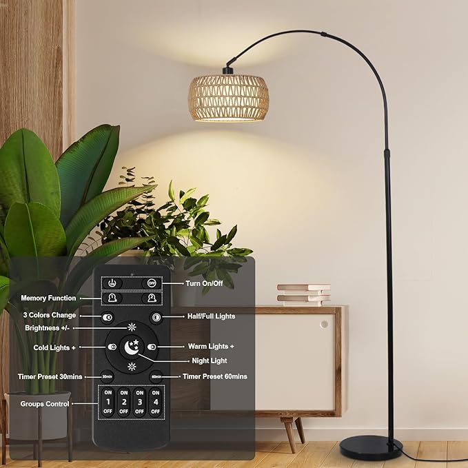 Arc Floor Lamps for Living Room with 3 Color Temperatures, Black Standing Lamp with Remote & Dimmable LED Bulb, Rattan Boho Floor Lamp, Farmhouse Tall Lamp for Bedroom, Over Couch Arched Reading Light - LeafyLoom