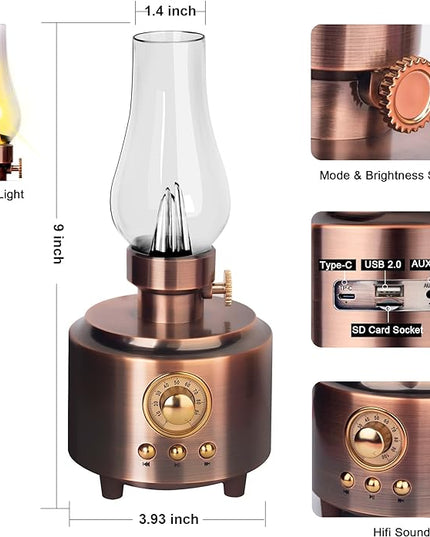 Vintage Table Lamp Retro Bluetooth Speaker Rechargeable Portable Night Light Flameless LED Oil Lamp Bedside Desk Lamp for Bedroom, Cafe, Bar, Desk Decor, Outdoor Camping Birthday Gifts for Kids Women - LeafyLoom