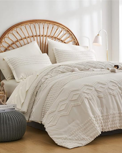 KAKIJUMN White Tufted Comforter Set Queen Size 7 Piece Bed in a Bag, Shabby Chic Boho Comforter and Sheet Set, All Season Soft Microfiber Complete Bedding Set(White,Queen) - LeafyLoom