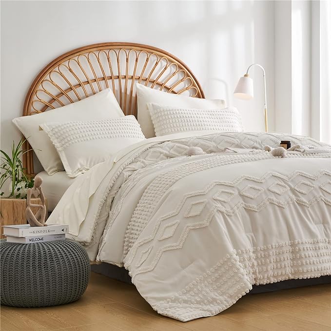 KAKIJUMN White Tufted Comforter Set Full Size 7 Piece Bed in a Bag, Shabby Chic Boho Comforter and Sheet Set, Pom Pom Textured Bed Set, All Season Soft Microfiber Complete Bedding Set(White,Full) - LeafyLoom