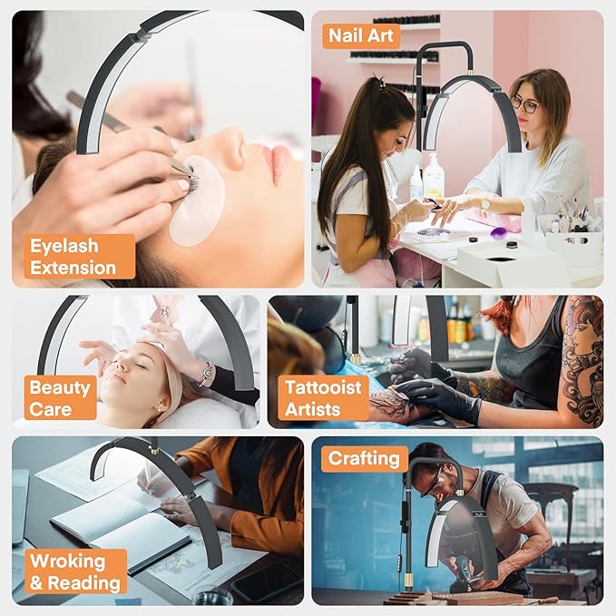 MYSWEETY Lash Light for Eyelash Extensions, 29'' Foldable LED Floor Lamps, Esthetician Light with Phone Holder & Stand Tray, Half Moon Lamp for Tattoo, Nails, Beauty, Filming Content Creation - LeafyLoom