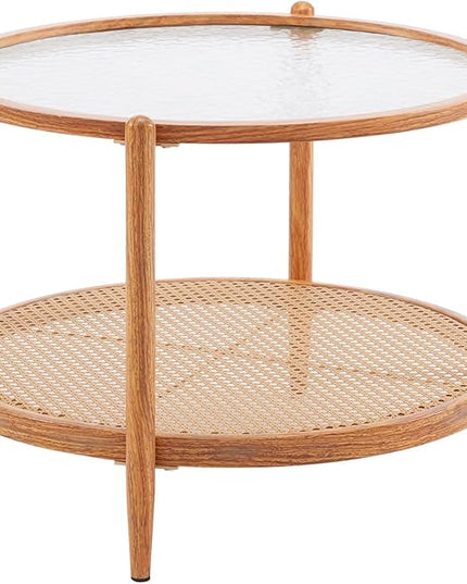 VINGLI 25.6" Rattan Coffee Table, Round Water-wave Glass Metal Center Table, Modern Coffee Table with 2-Tier Storage, Farmhouse Circular Coffee table for Living Room and Small Space, Natural Vibe - LeafyLoom
