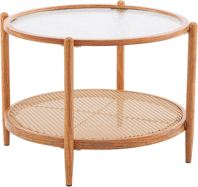 VINGLI 25.6" Rattan Coffee Table, Round Water-wave Glass Metal Center Table, Modern Coffee Table with 2-Tier Storage, Farmhouse Circular Coffee table for Living Room and Small Space, Natural Vibe - LeafyLoom
