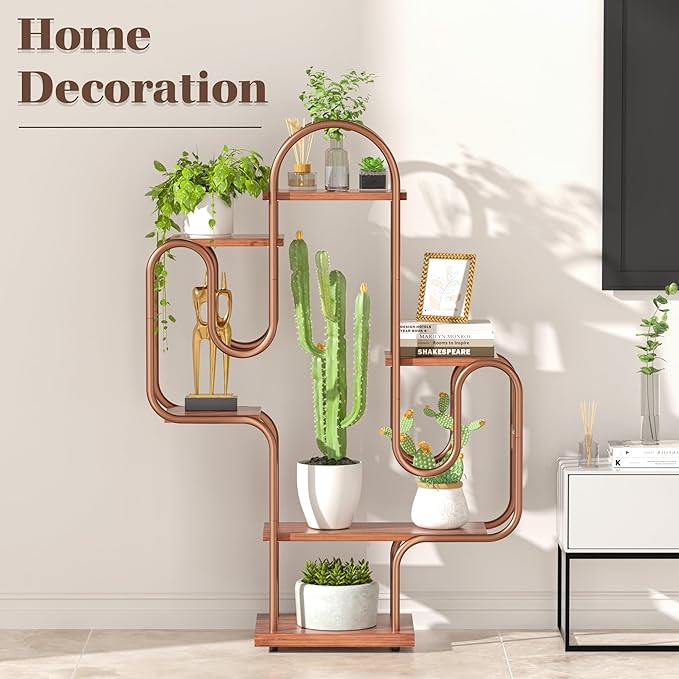 Allinside Cactus Corner Bookshelf, 6 Tiers Multipurpose Plant Stand, Heavy-Duty Metal Corner Shelf, Creative Tall Display Rack, Rustic Bookcase for Living Room, Bedroom, Home Office and Balcony - LeafyLoom