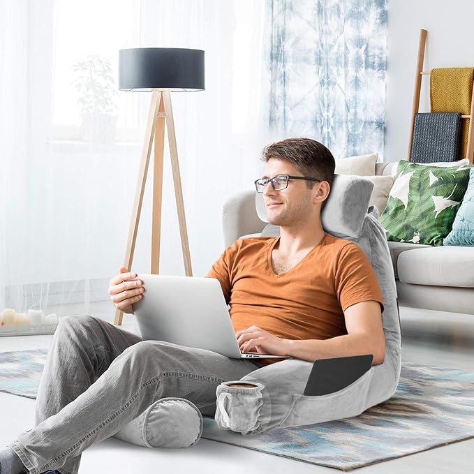 Clara Clark Reading Pillow, Large Back Pillow for Sitting Up in Bed, Memory Foam Back Support Pillow, Reading Pillows for Sitting in Bed Adult, Light Grey Sit Up Pillow for Bed with Arms and Pockets - LeafyLoom