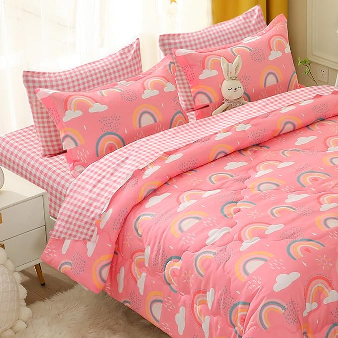 Kids Rainbow Comforter Set for Girls Teens Full Size 7 Piece Cloud Sun Pink Bedding Set 3D Cute Cartoon Love Hearts Bed in a Bag - LeafyLoom