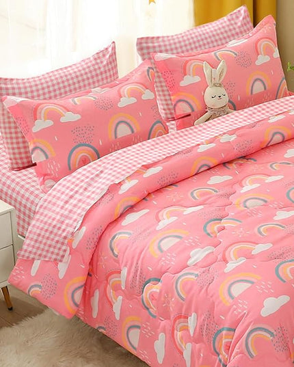 Twin Rainbow Comforter Set for Kids Girls Teens 7 Piece Pink Cloud Sun Pink Bed in a Bag 3D Cute Cartoon Love Hearts Bedding Set - LeafyLoom