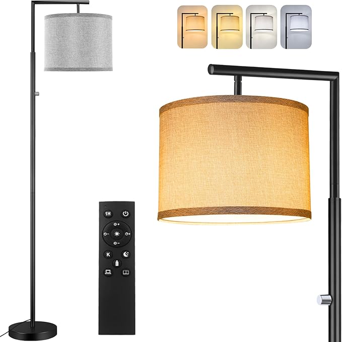 Dimmable Floor Lamp, 4-Color Temperature Modern Standing Lamp with Remote Control & Gray Shade, Tall Pole Floor Lamp for Living Room, Bedroom, Study Room, Office (LED Bulb Included) - Black - LeafyLoom