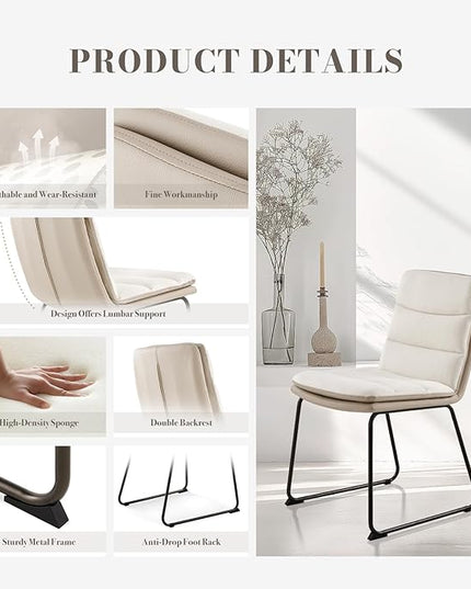 Dining Chairs Set of 6, Upholstered Dining Room Kitchen Chairs with Metal Legs, Modern Fabric PU Leather Side Chairs for Home Office, Cream - LeafyLoom