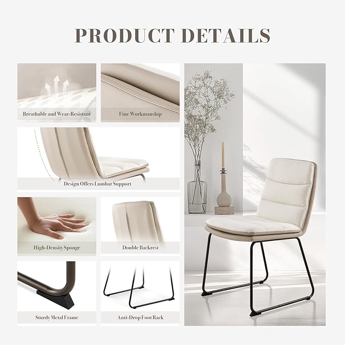 Dining Chairs Set of 6, Upholstered Dining Room Kitchen Chairs with Metal Legs, Modern Fabric PU Leather Side Chairs for Home Office, Cream - LeafyLoom