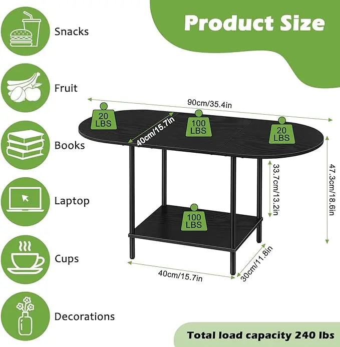ETELI Black Coffee Tables for Living Room 2-Tier Small Oval Coffee Table Wood Accent Coffe Tables with Storage Shelf Modern Mesa De Centro Sala for Small Space, Home Office - LeafyLoom